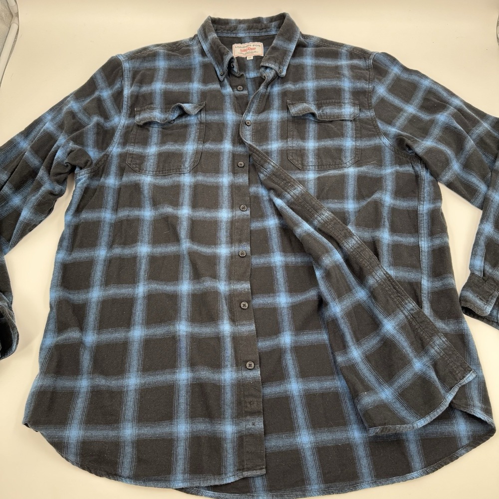 London Fog Flannel‎ Shirt Adult XXL Blue Black Plaid Outdoor Unlimited Mens